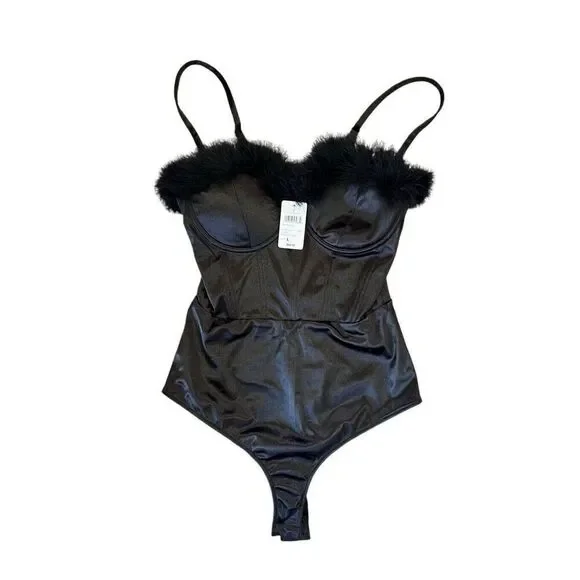 NWT Windsor Black Satin Bodysuit With Black Feather Detail Women’s L - Picture 2 of 11